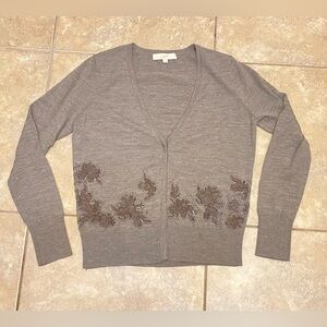 Ann Taylor’s LOFT cardigan sweater heather grey with floral embroidery size Lg